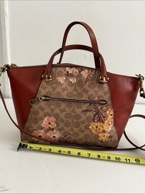 Coach Brown Signature Floral Crossbody Tote with Rust Trim. Coach 87164